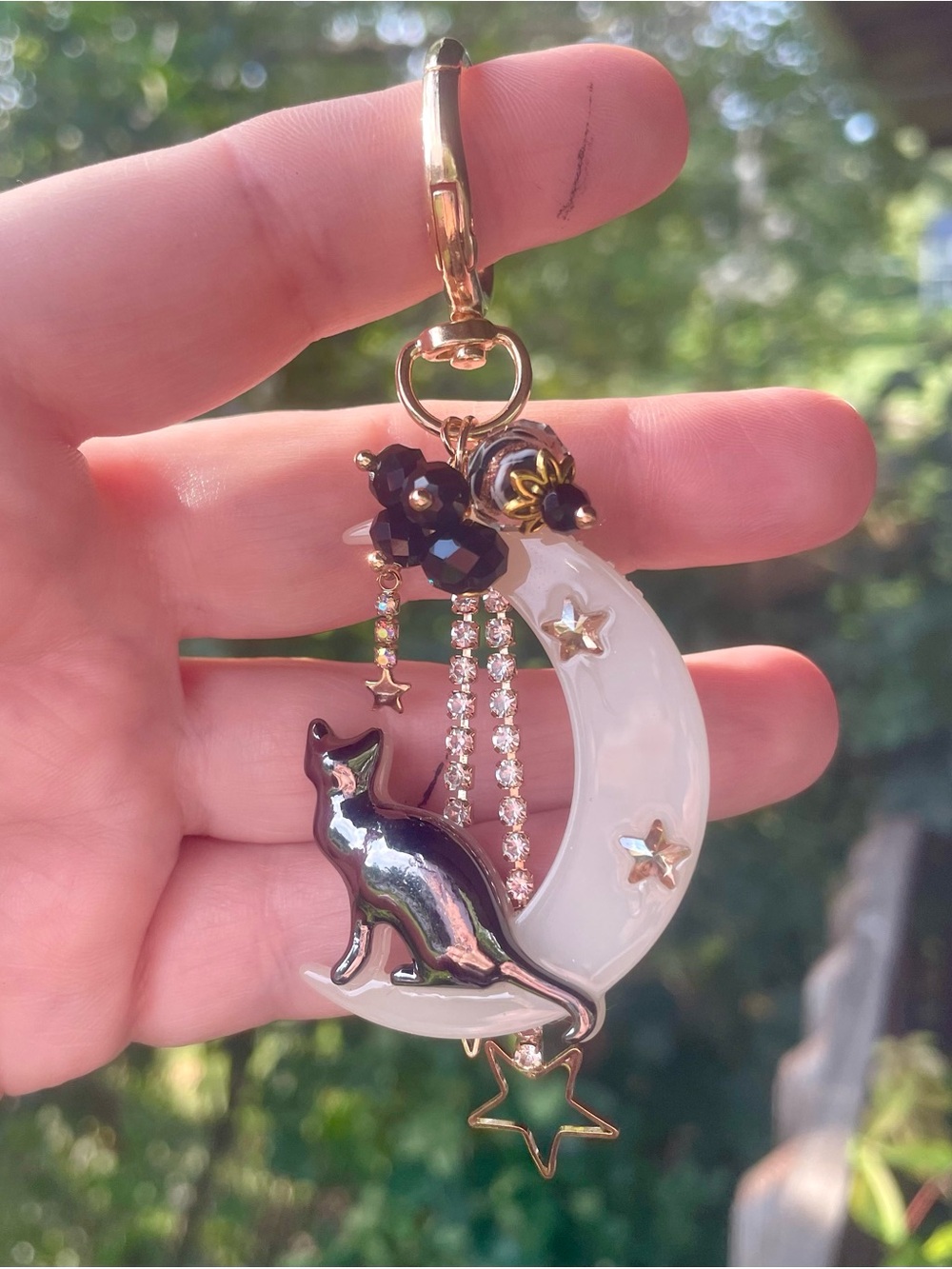 Hand Crafted Gold-Tone Cat & Moon Keychain with White Moon and Black Cat